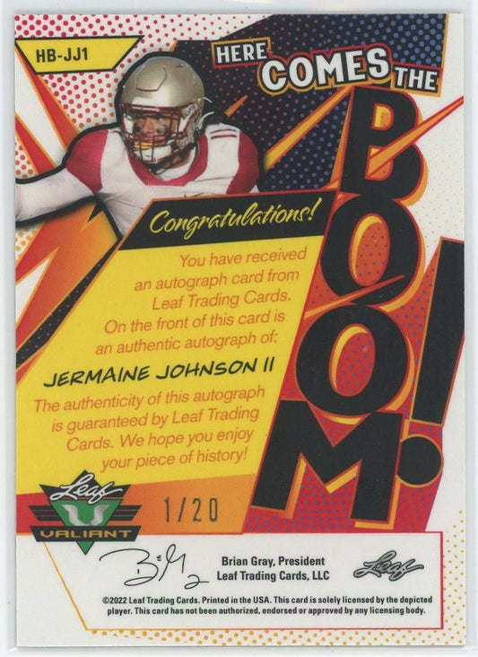 2022 Leaf Valiant Football Jermaine Johnson II Orange Cracked Ice Auto #1/20 #HB-JJ1
