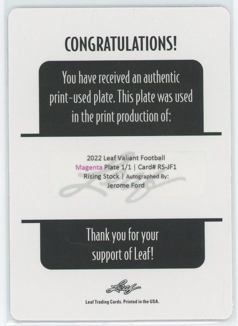 2022 Leaf Valiant Football Jerome Ford Rising Stock Magenta Plate Auto #1/1 #RS-JF1