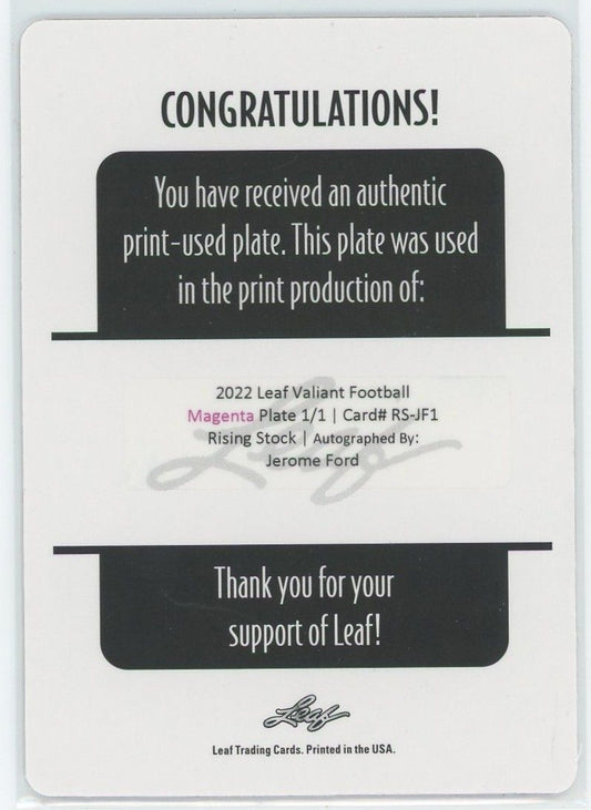 2022 Leaf Valiant Football Jerome Ford Rising Stock Magenta Plate Auto #1/1 #RS-JF1