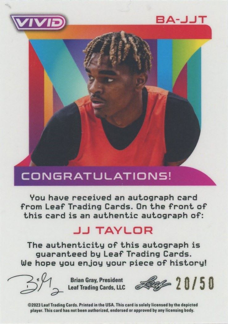 2022-23 Leaf Vivid JJ Taylor Yellow Auto #10/50 #BA-JJT