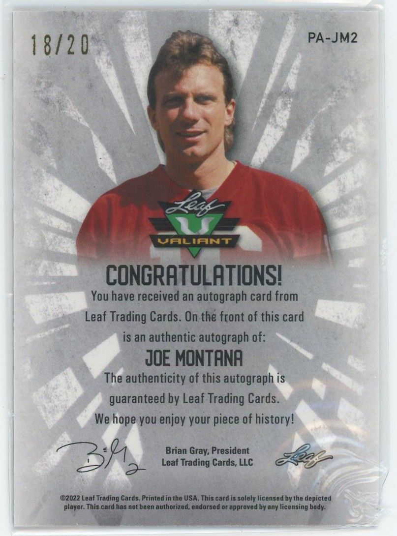 2022 Leaf Valiant Football Joe Montana Orange Cracked Ice Auto #18/20 #PA-JM2