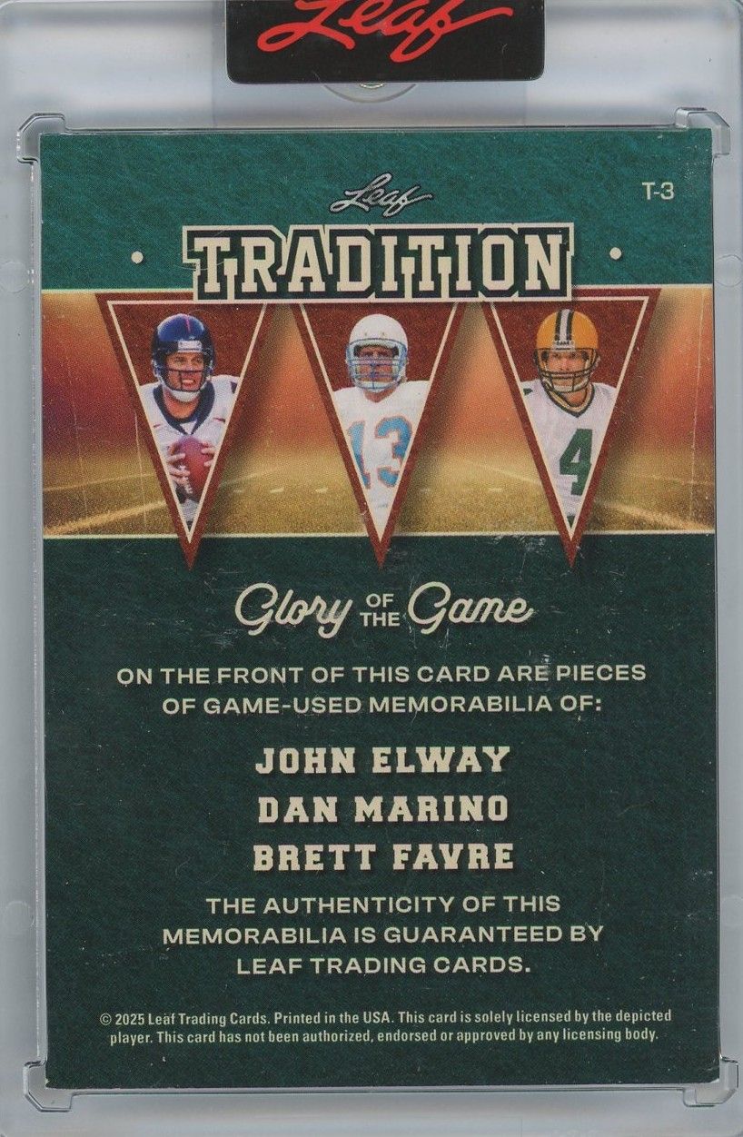 Dan Marino John Elway Favre 2025 Leaf Glory Of The Game Game Used Relic #1/6