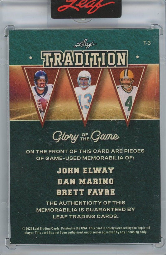 Dan Marino John Elway Favre 2025 Leaf Glory Of The Game Game Used Relic #1/6