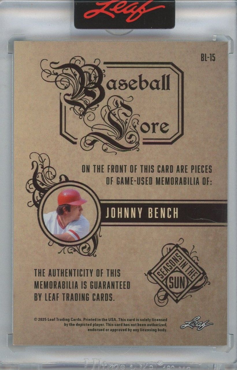 Johnny Bench 2025 Leaf Seasons In the Sun Baseball Lore Relic #6/12 #BL-15