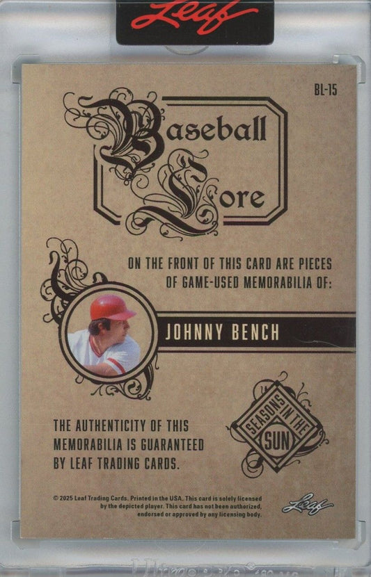 Johnny Bench 2025 Leaf Seasons In the Sun Baseball Lore Relic #6/12 #BL-15