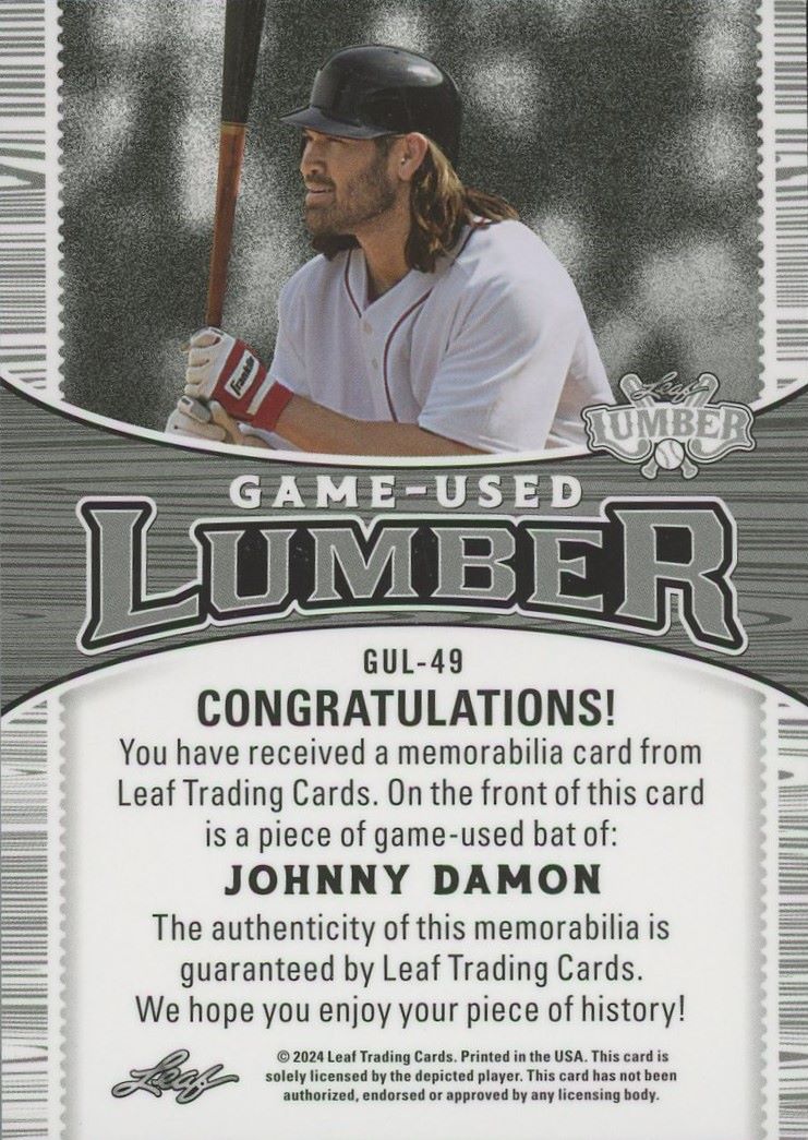 2024 Leaf Johnny Damon Lumber Game Used Lumber Bat Purple #/20 #GUL-49