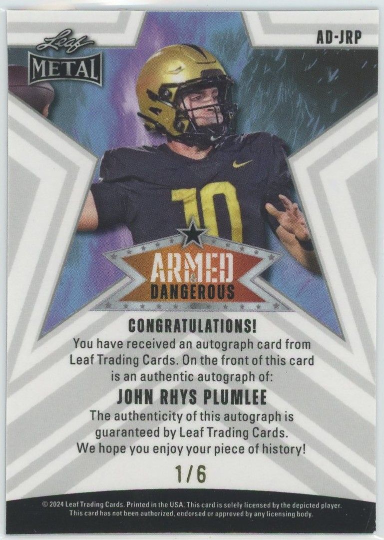 2024 Leaf Metal John Rhys Plumlee Armed and Dangerous Laser Auto #1/6 #AD-JRP