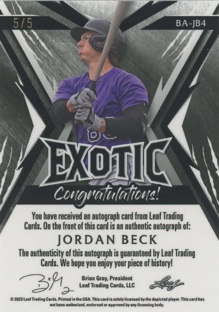 2023 Leaf Exotic Jordan Beck Auto #/5 #BA-JB4