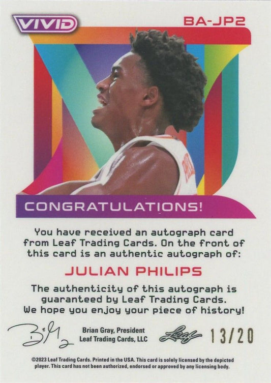 Julian Philips 2022-23 Leaf Vivid Black Auto #13/20 #BA-JP2
