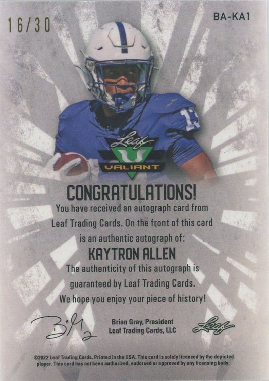 Kaytron Allen 2022 Leaf Valiant Green Crystal RC #16/30 #BA-KA1