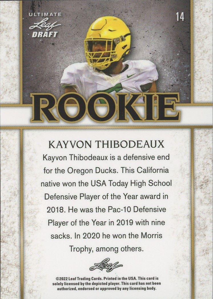 2022 Leaf Ultimate Draft Kayvon Thibodeaux Rookie #/50 #14