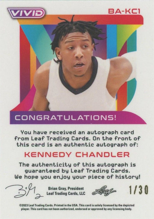 Kennedy Chandler 2023-24 Leaf Vivid Blue Auto #1/30 #BA-KC1