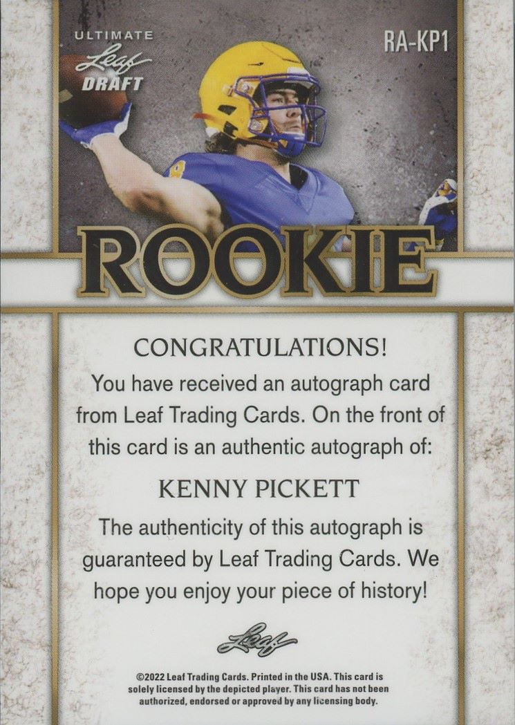 2022 Leaf Ultimate Draft Kenny Pickett Rookie Autograph Blue #/35 #RA-KP1