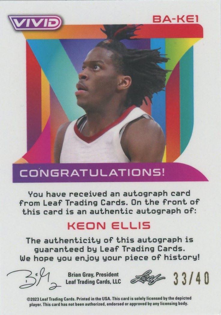 2022-23 Leaf Vivid Keon Ellis Rookie Auto RC #33/40 #BA-KE1