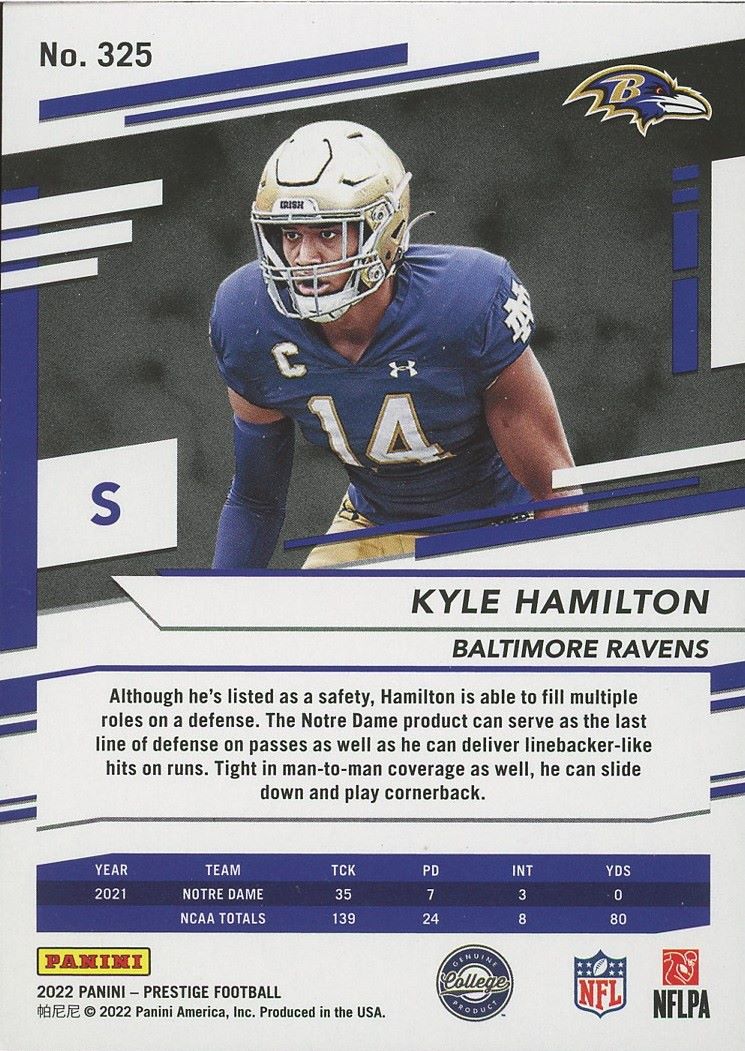 2022 Panini Prestige Kyle Hamilton Rookie #325