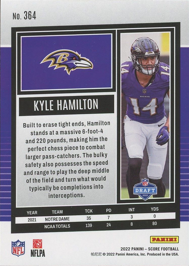 2022 Score Kyle Hamilton Rookie #364