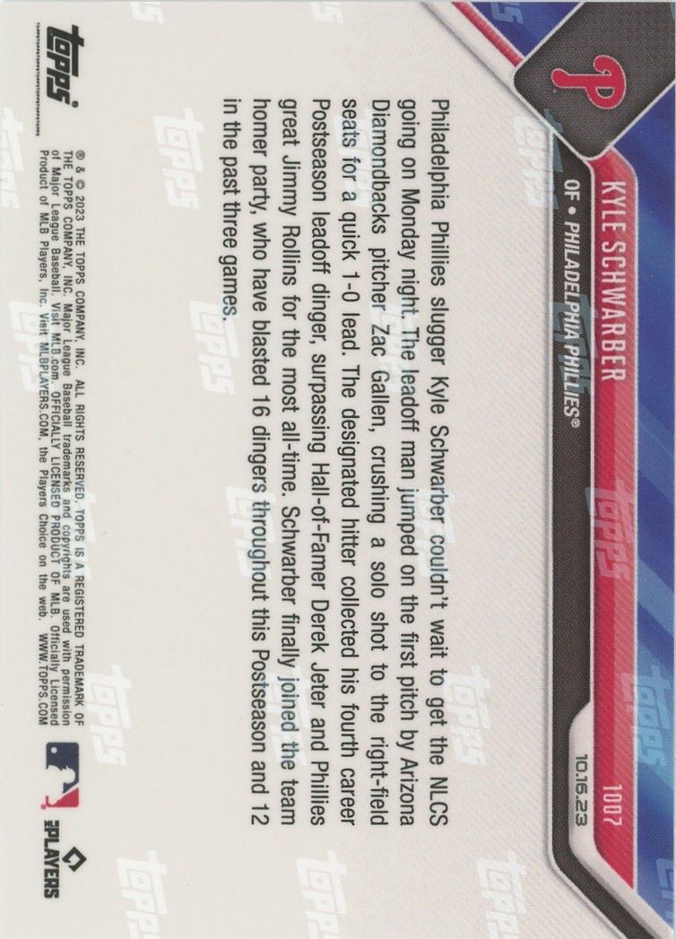 2023 MLB Topps Now Kyle Schwarber Most Leadoff Postseason HRs #1007