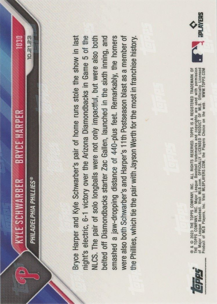 2023 Topps Now Kyle Schwarber/Bryce Harper Tie For Most Hrs NLCS #1030