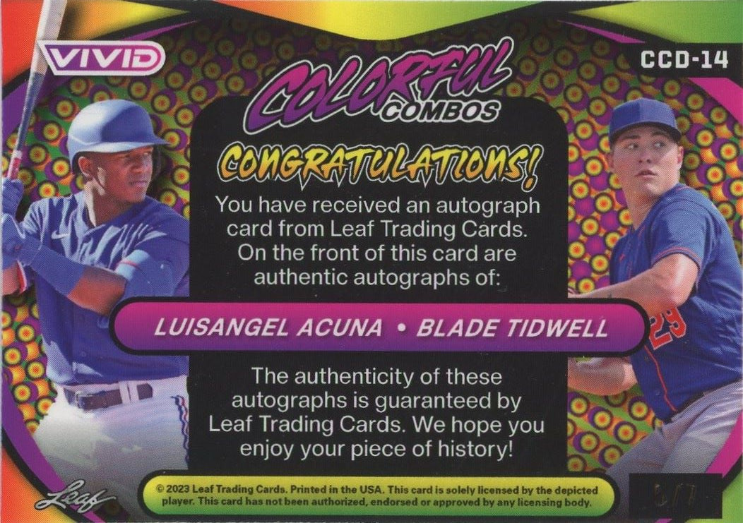 Luisangel Acuna Blade Tidwell 2023 Leaf Vivid Colorful Combos Auto #5/7 #CCD-14