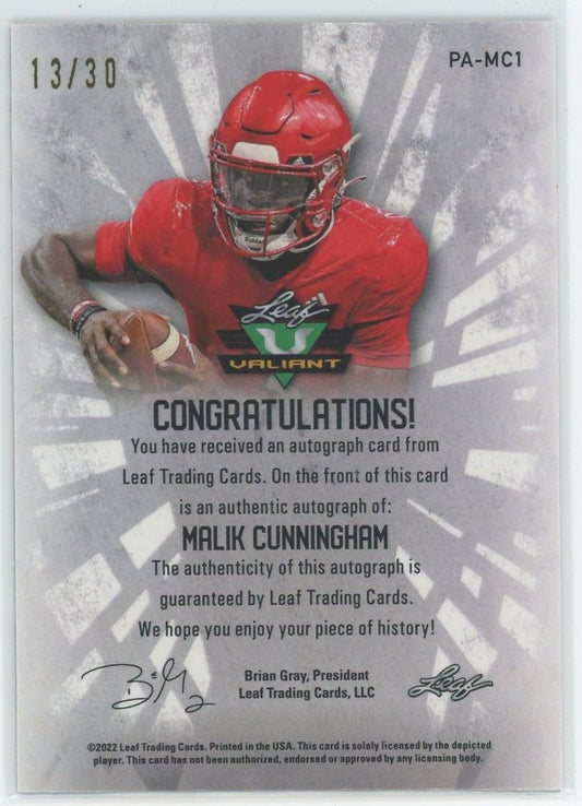 2022 Leaf Valiant Football Malik Cunningham Green Cracked Ice Auto #13/30 #PA-MC1