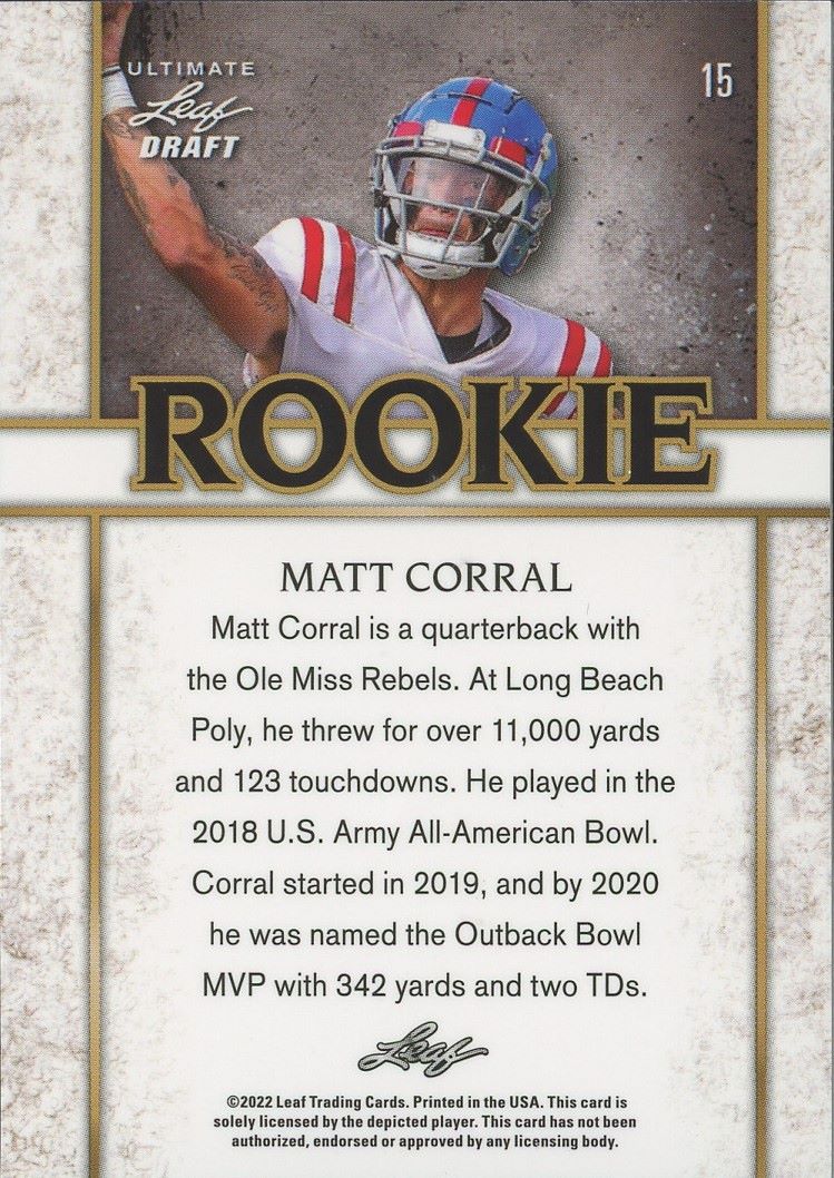 2022 Leaf Ultimate Draft Matt Corral Rookie Navy Blue #/75 #15