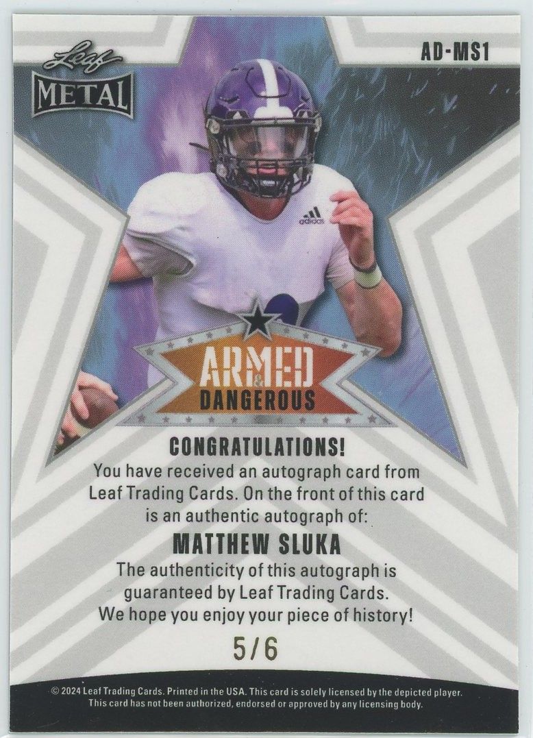 2024 Leaf Metal Armed & Dangerous Silver Matthew Sluka Laser Auto #5/6 #AD-MS1