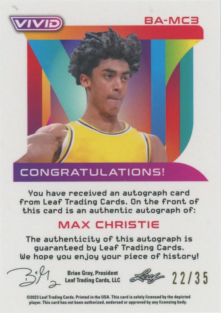 2022-23 Leaf Vivid Max Christie Red Auto #22/35 #BA-MC3