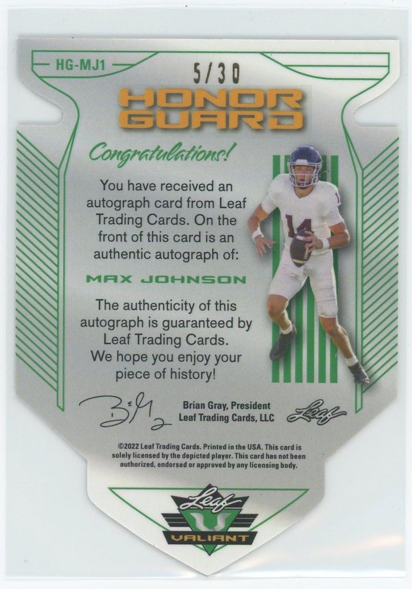 2022 Leaf Valiant Football Max Johnson Honor Guard Green Die Cut Auto #5/30 #HG-MJ1