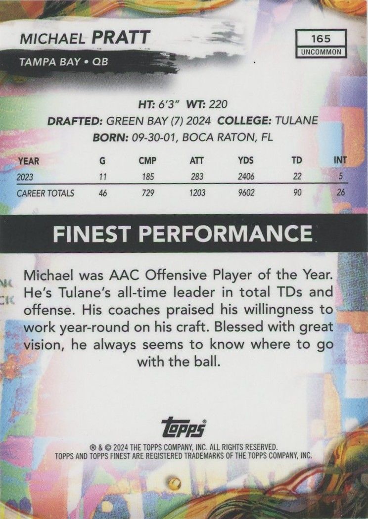 Michael Pratt 2024 Topps Finest Oil Spill Rookie RC #14/15 #165 Tampa Bay