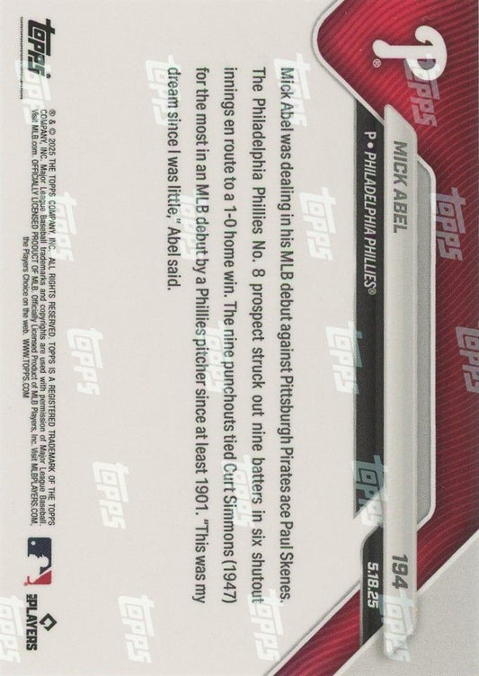 Mick Abel 2025 Topps Now MLB Debut Rookie RC #194 Philadelphia Phillies