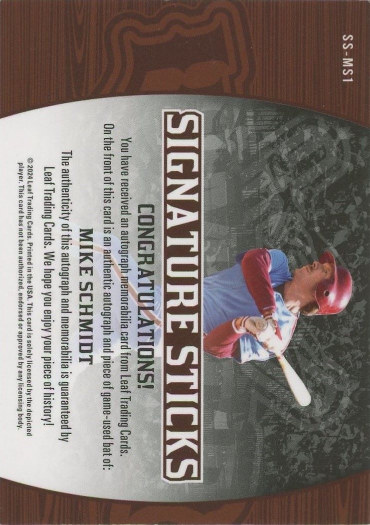 2024 Leaf Lumber Mike Schmidt Sign Sticks Used Bat Auto Purple #1/15 #SS-MS1