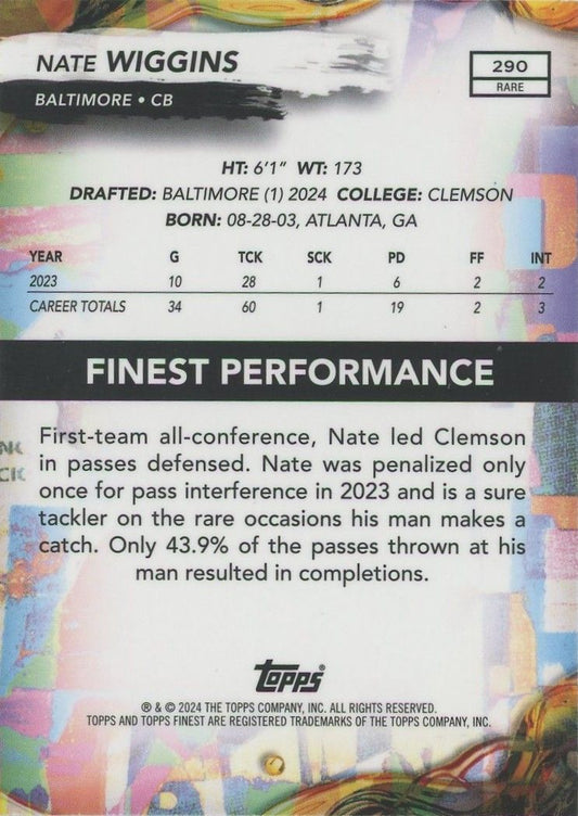 Nate Wiggins 2024 Topps Finest Rare Blue #59/150 #290 Balitmore Ravens