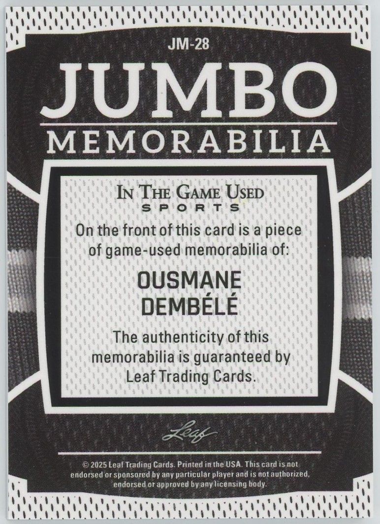 2025 Leaf In The Game Used Ousmane Dembele Purple Jumbo Memorabilia #3/5 #JM-28