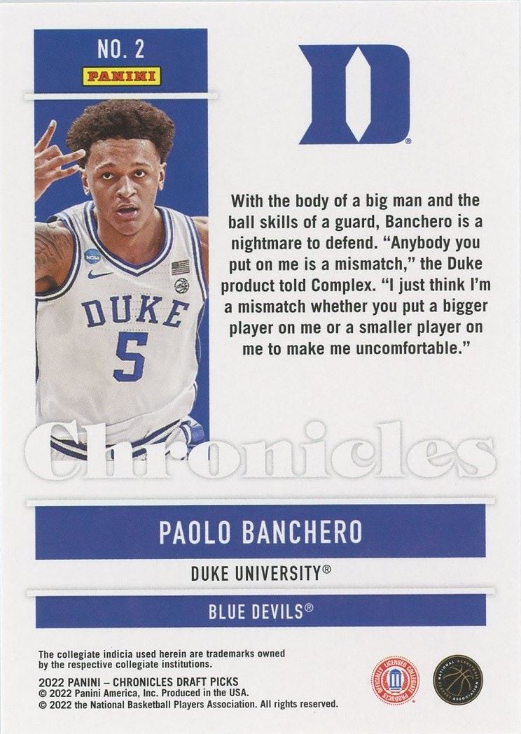 2022 Panini Chronicles Paolo Banchero Draft Picks Rookie #2