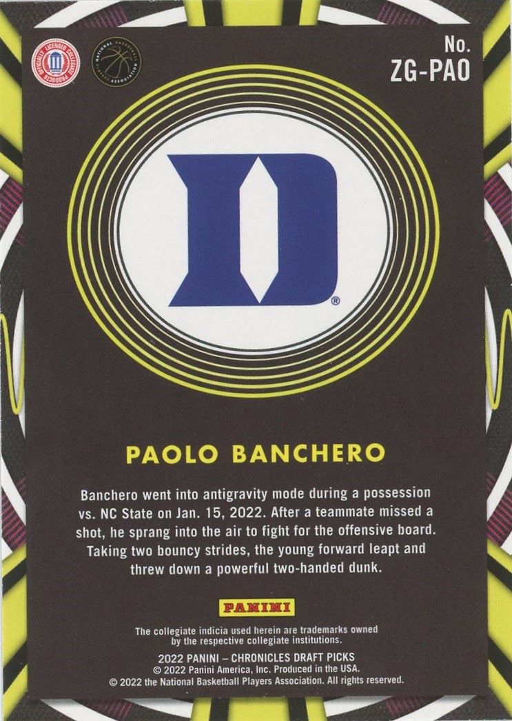 2022 Panini Chronicles Paolo Banchero Draft Picks Gamma Rays Rookie #ZG-PAO