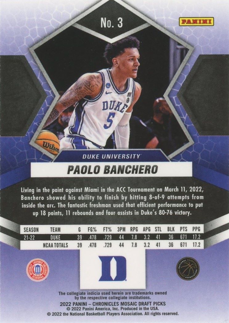 2022-23 Panini Chronicles Draft Picks Paolo Banchero Mosaic Rookie #3