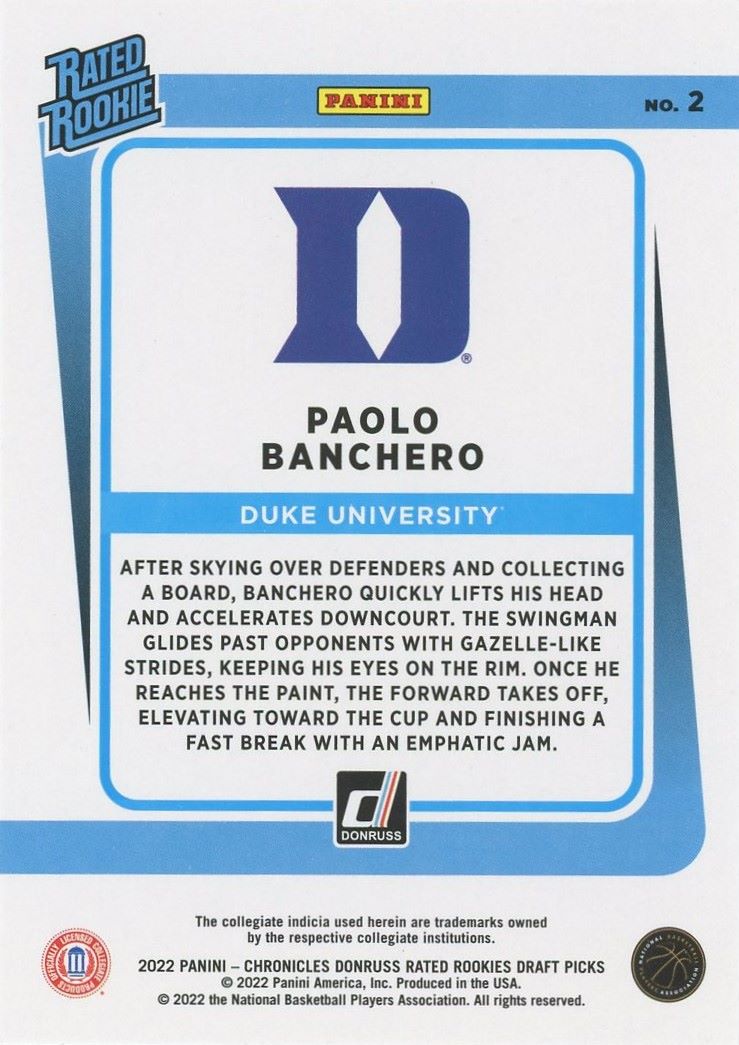 2022 Chronicles Paolo Banchero Draft Picks Donruss Rated Rookie Pink No. 2