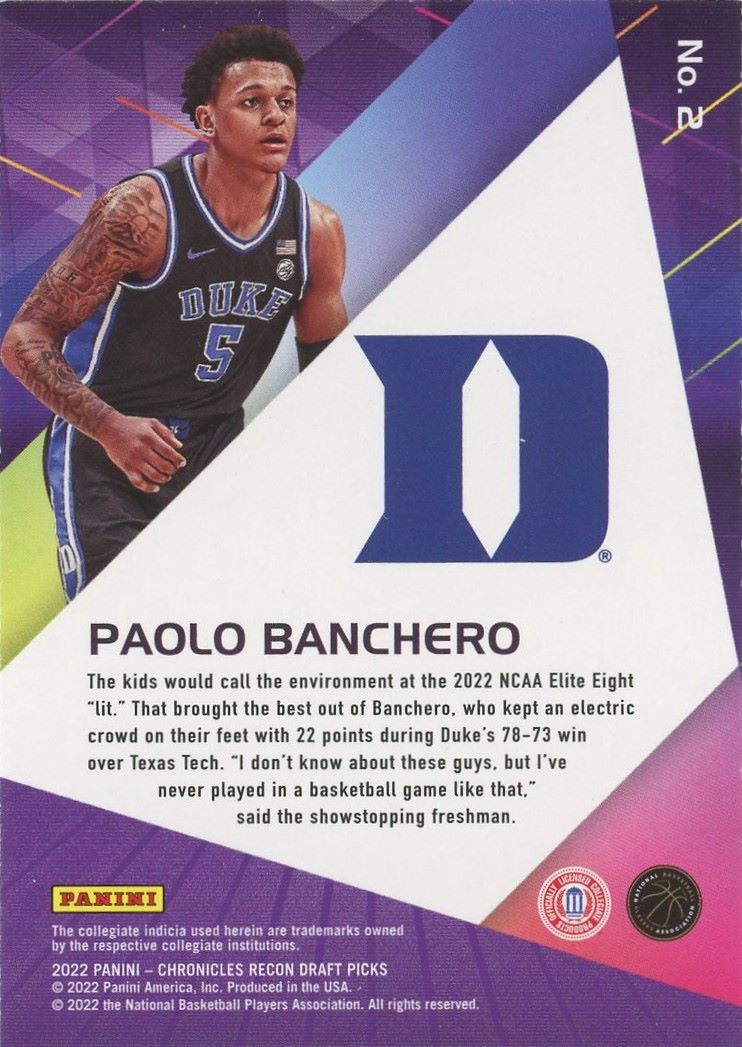 2022-23 Chronicles Paolo Banchero Draft Picks Recon Rookie RC #2