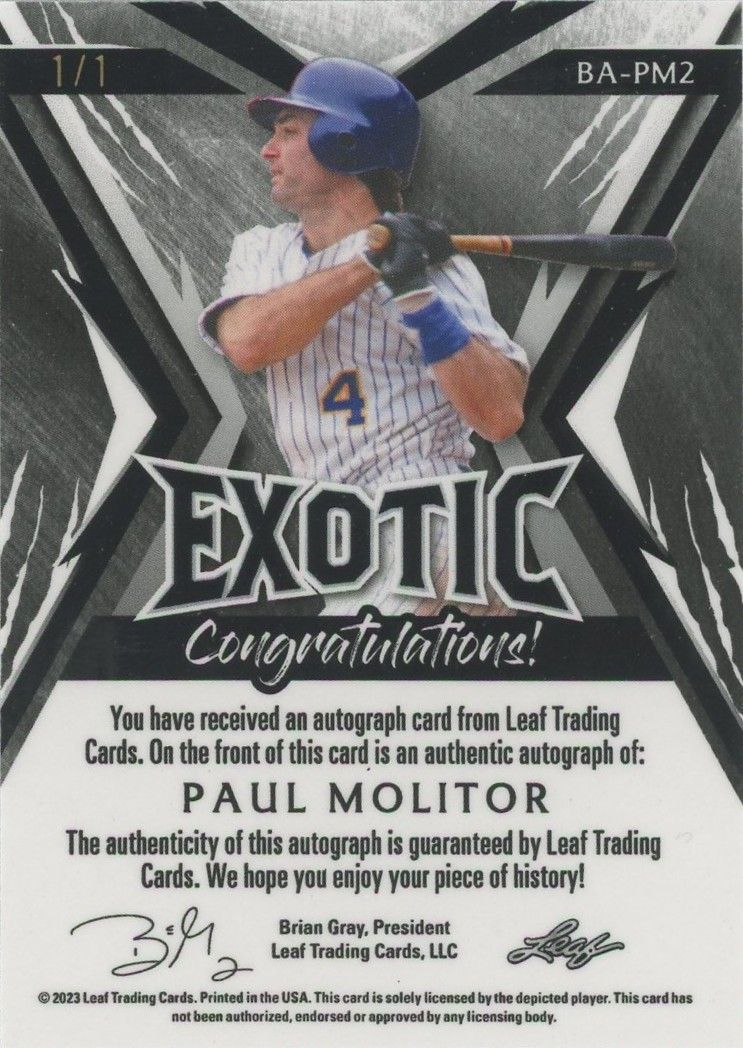 Paul Molitor 2023 Leaf Exotic Zebra Auto #1/1 #BA-PM2