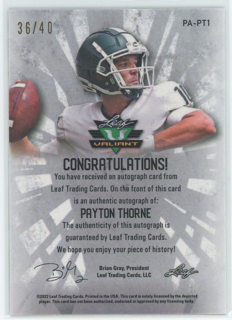 2022 Leaf Valiant Football Payton Thorne Green Auto #36/40 #PA-PT1