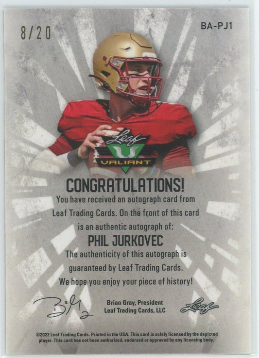 2022 Leaf Valiant Football Phil Jurkovec Orange Cracked Ice Auto #8/20 #BA-PJ1