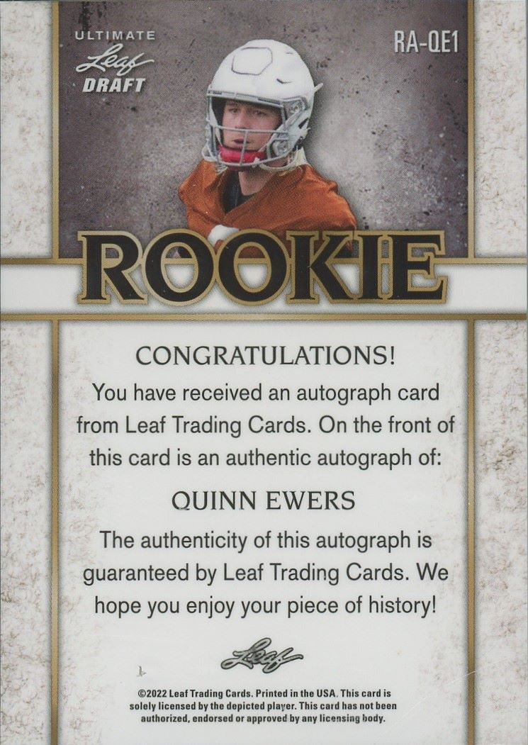 2022 Leaf Ultimate Draft Quinn Ewers Rookie Auto Blue Card #/35 #RA-QE1