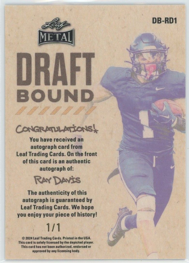 2024 Leaf Metal Football Ray Davis Draft Bound Silver Shimmer #1/1 #DB-RD1