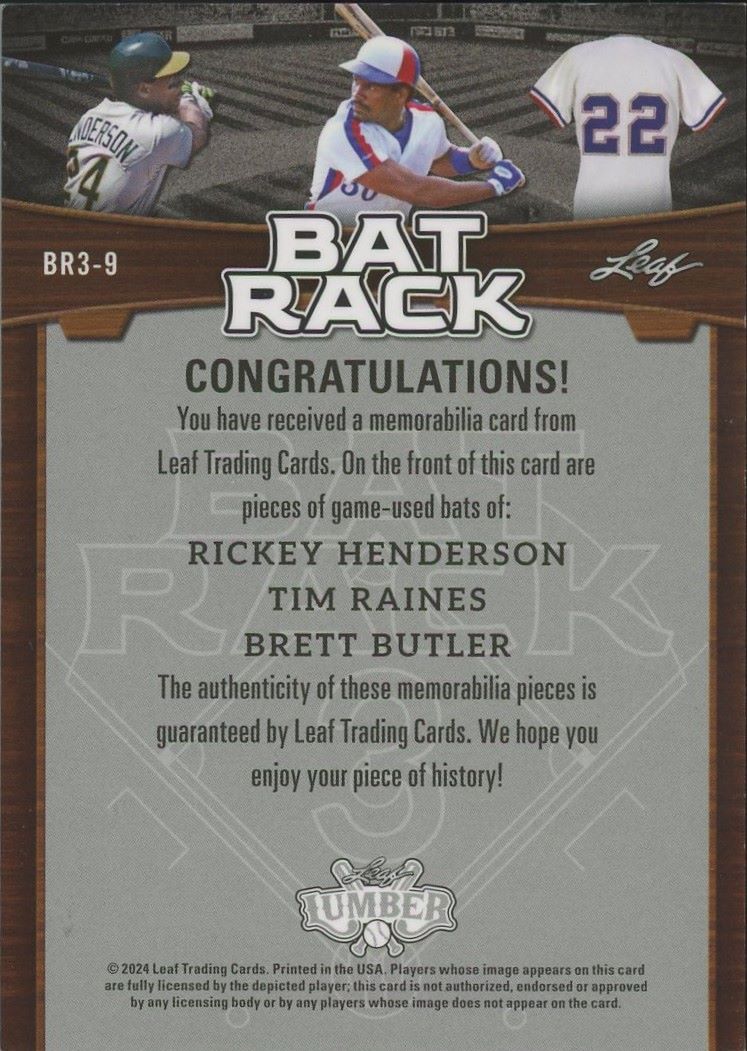 2024 Leaf Lumber Ricky Henderson Raines Butler Bat Rack Relic Purple #7/8 #BR3-9