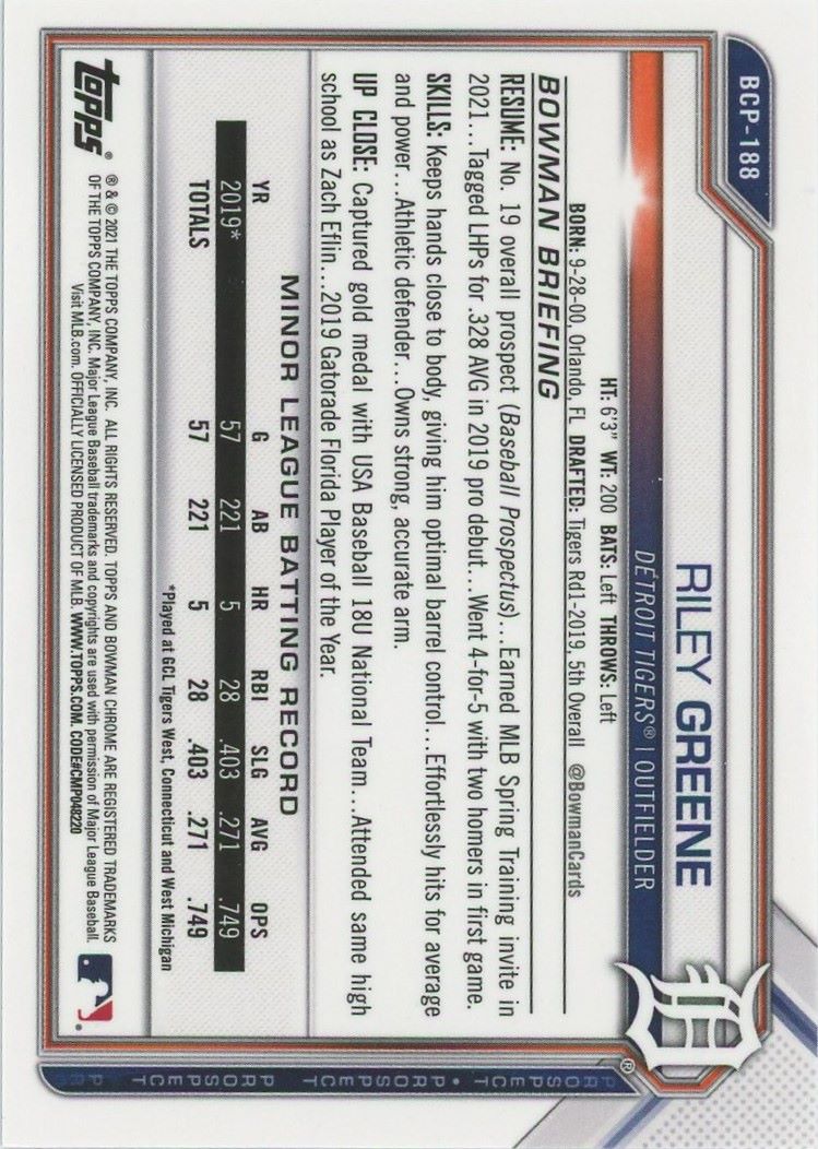 2021 Bowman Chrome Riley Greene Green Mojo Refractor #12/99