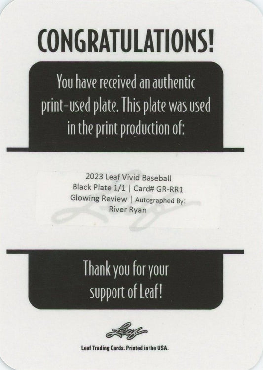River Ryan 2023 Leaf Vivid Glowing Review Black Plate Auto #1/1 #GR-RR1