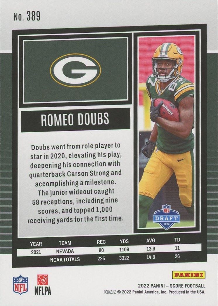 2022 Score Romeo Doubs Rookie #389