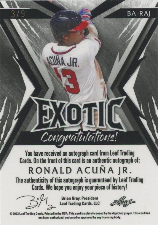 Ronald Acuna Jr 2023 Leaf Exotic Zebra Auto #3/9 #BA-RAJ Braves