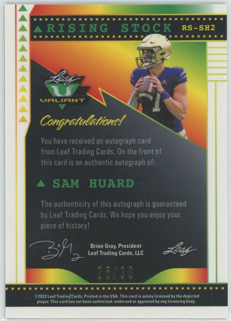 2022 Leaf Valiant Football Sam Huard Rising Stock Green Cracked Ice Auto #25/30 #RS-SH2