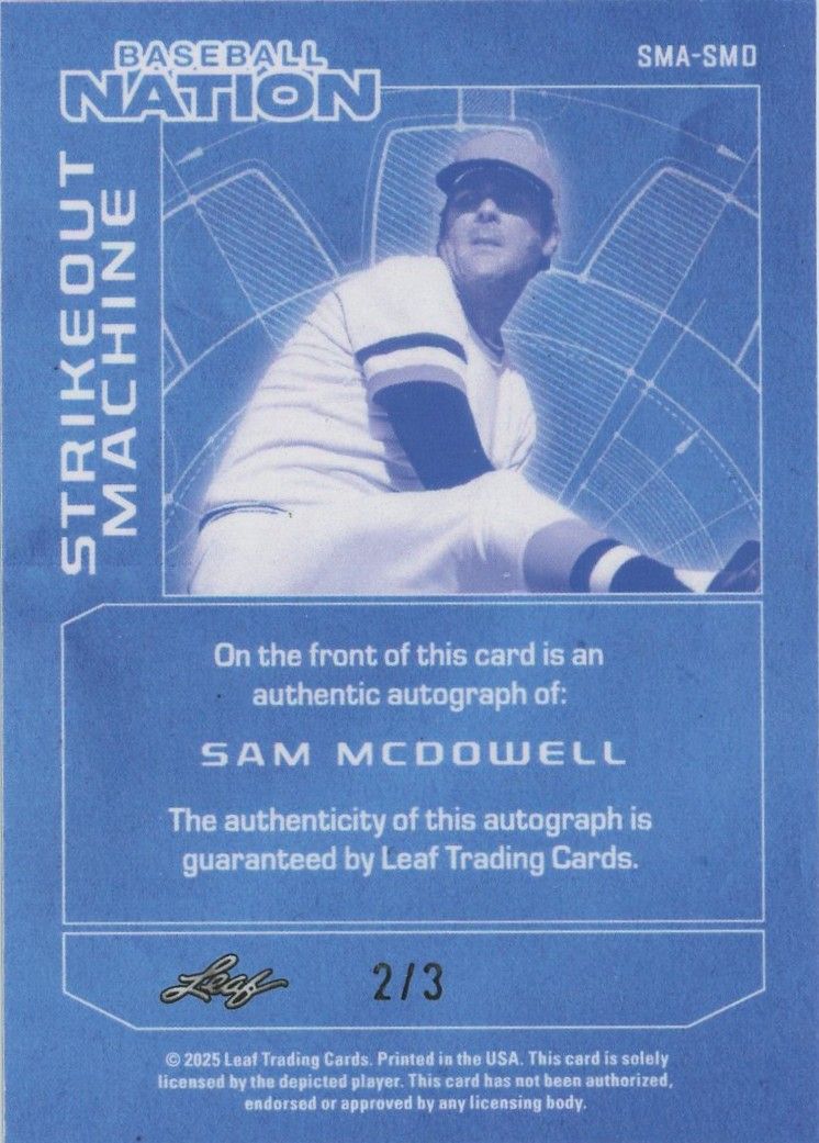 2025 Leaf Baseball Nation Sam McDowell Strikeout Machine Blue Shimmer Auto #2/3 #SMA-SMD